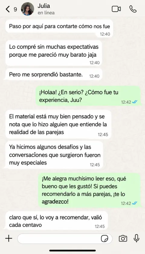 Testimonio de clienta por WhatsApp