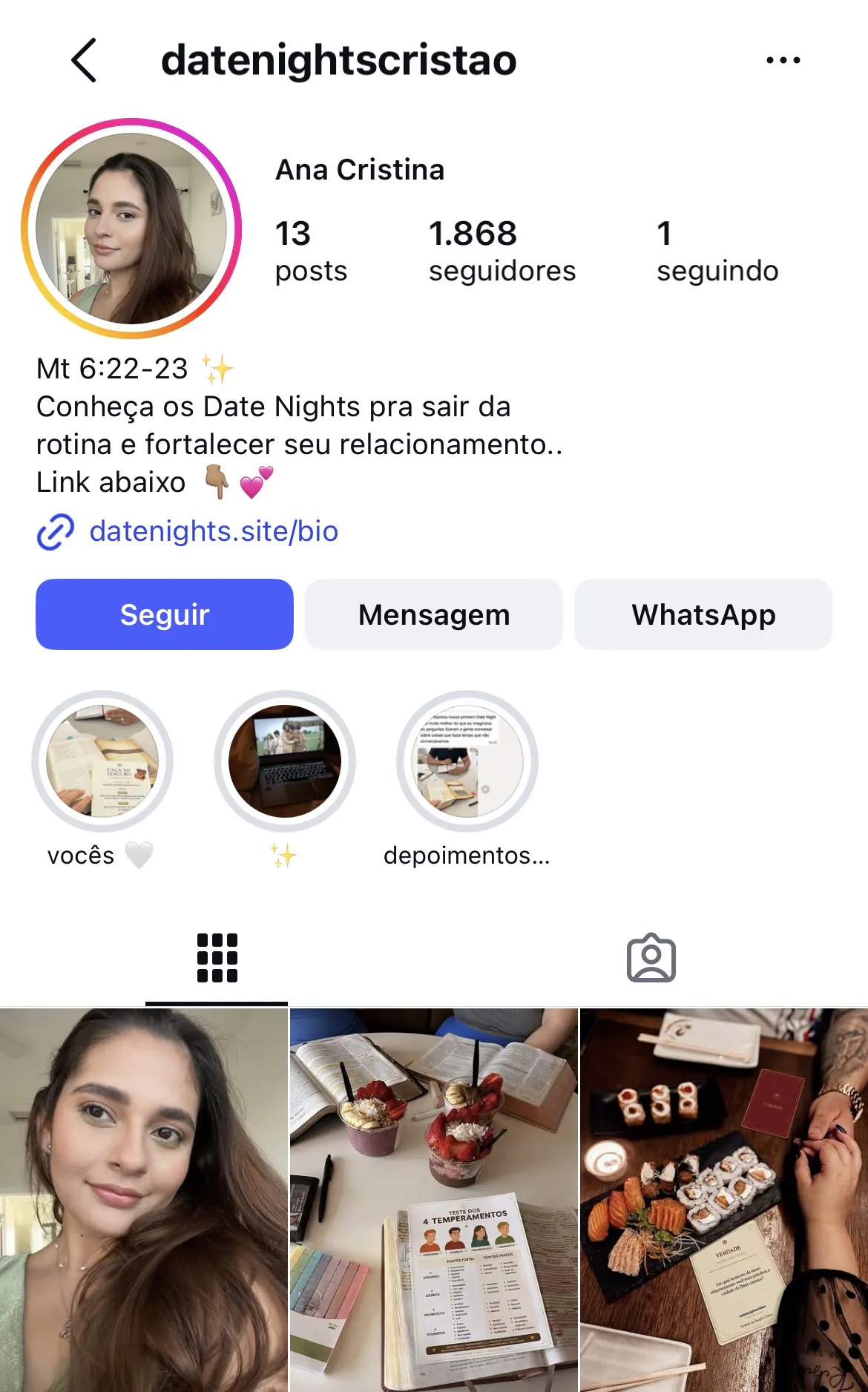 Perfil de Ana Cristina no Instagram @datenightscristao, criadora dos Date Nights Cristão